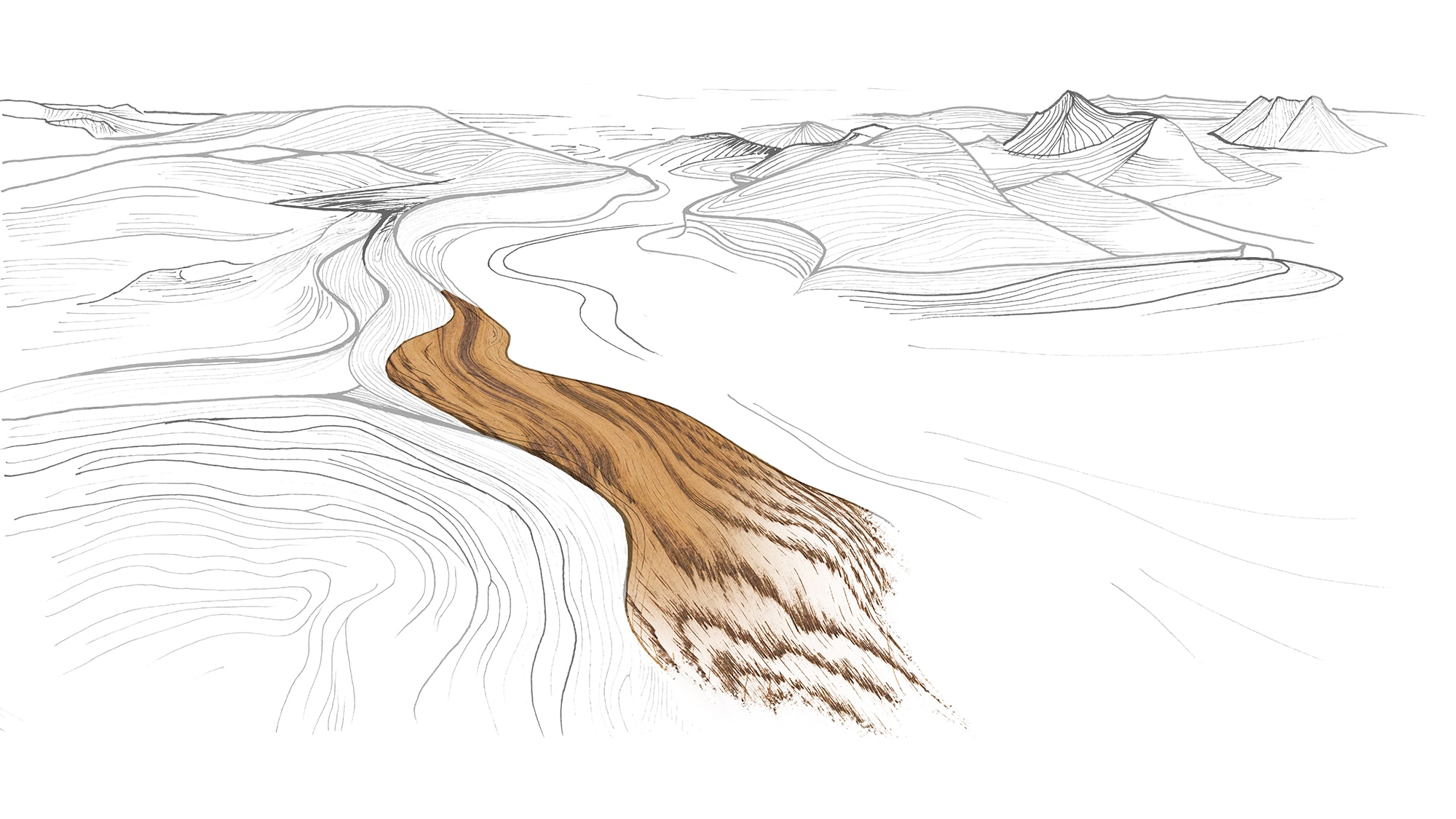 Illustrazione a matita di un paesaggio naturale attraversato da un fiume color parquet